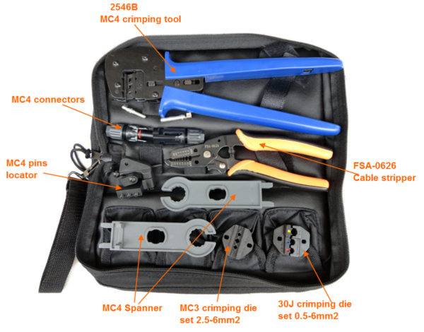 K2546B-5 MC4 MC3 crimping tool set with wire stripper,MC4 spanner,MC4 pin lactor,MC3 30J dies combined tool kits--
