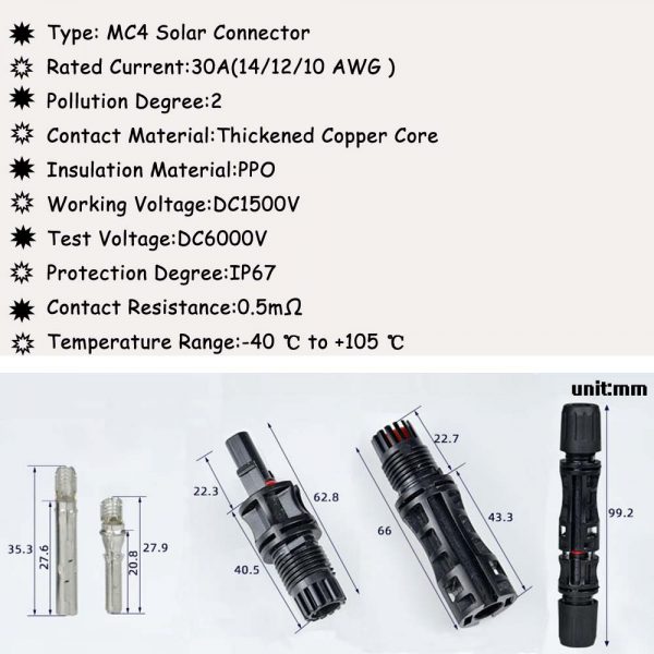 MC4 Connector Male Female Solar Panel Connector 30A 1500V for PV Cable 2.546mm 141210 AWG Connect UV Resistant