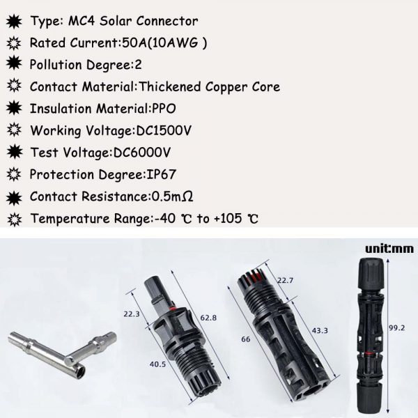 BAYM M C 4 Connector Male Female Solar Panel Connector 50A 1500V for PV Cable 46mm 1210 AWG Connect UV Resistant