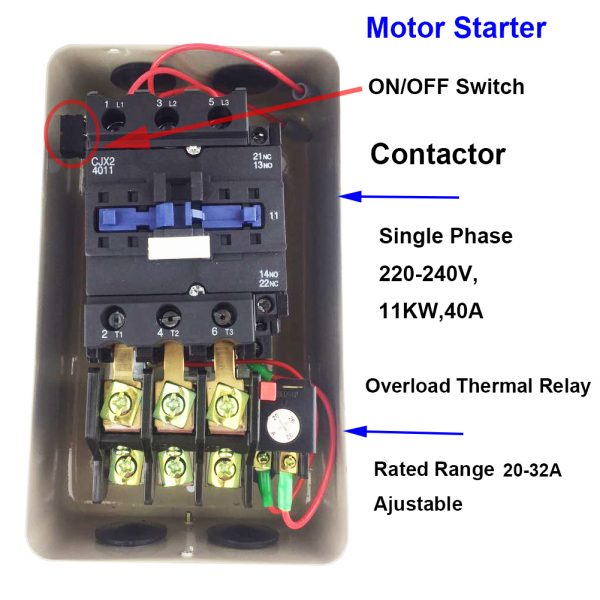 BAYM Magnetic Electric Motor Starter 11KW Control 220-240V 50/60Hz Single Phase Thermal Realy JR36-63 20-32A Contactor 40A CJX2 4011 QCX5-40