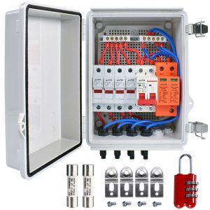 BAYM IP65 4 In 1 Out 4 String Solar PV Array Plastic DC Combiner Box, 15A 1000V Fuse, Lightning Surge Protection, 63A 6ka MCB Lock Indicator