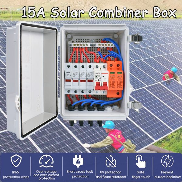 BAYM IP65 4 In 1 Out 4 String Solar PV Array Plastic DC Combiner Box, 15A 1000V Fuse, Lightning Surge Protection, 63A 6ka MCB Lock Indicator