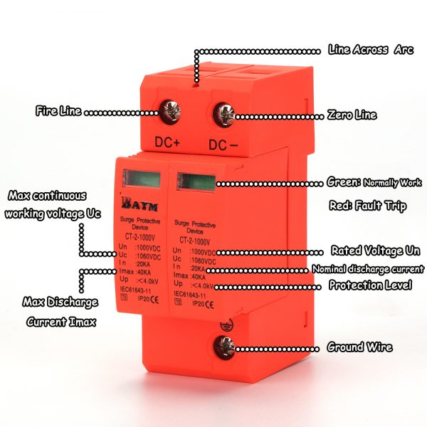 BAYM DC SPD 1000V 2P 40KA Surge Arrester House Din Rail Install Surge Protective Device Photovoltaic Protector New Energy Lightning Surge Protector for PV Solar System